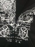 Close front view of black graphic zip-up hoodie with hood and zipper