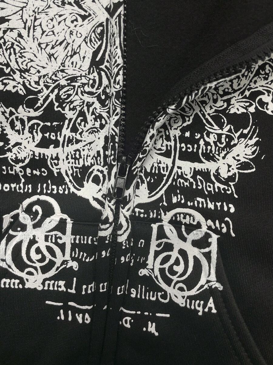 Close front view of black graphic zip-up hoodie with hood and zipper