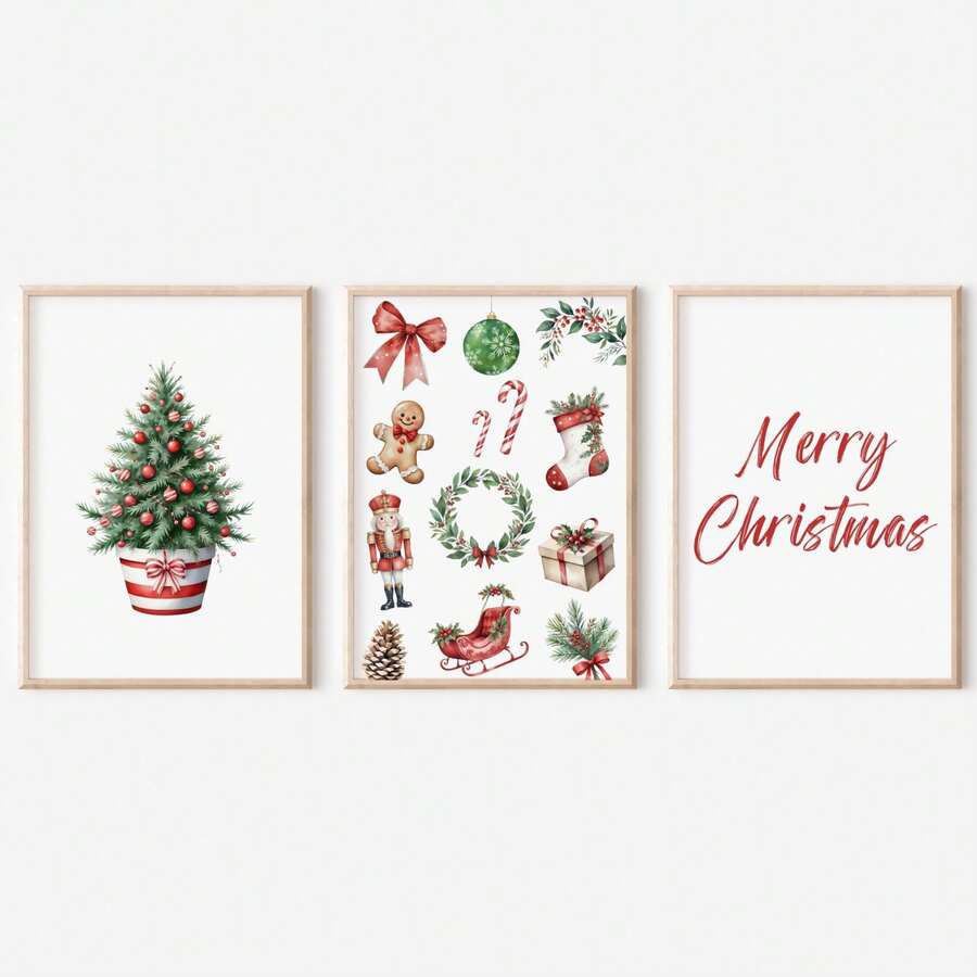 Three framed watercolor Christmas prints with tree, festive icons and Merry Christmas script