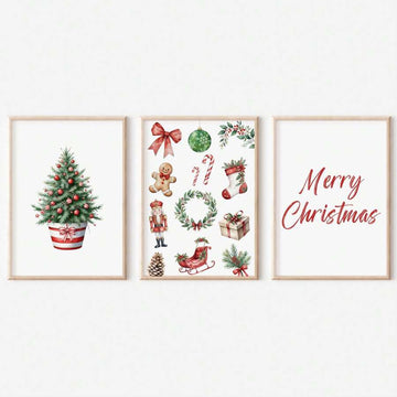 Three framed watercolor Christmas prints with tree, festive icons and Merry Christmas script