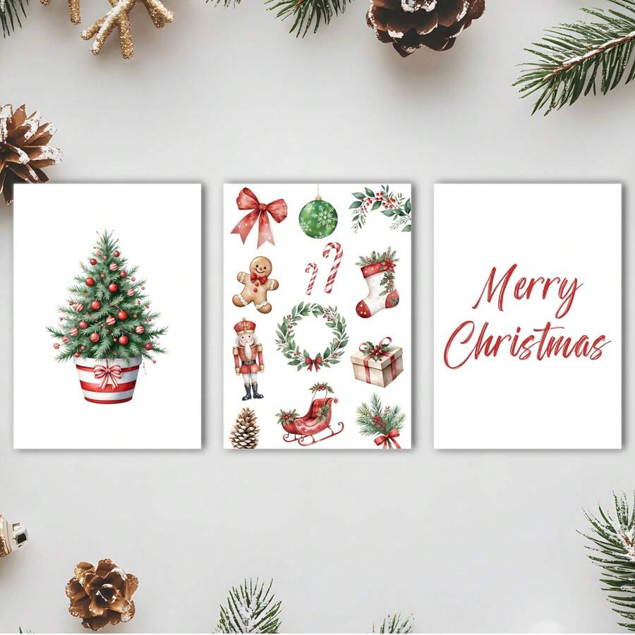Three framed watercolor Christmas prints with tree, festive icons and Merry Christmas script