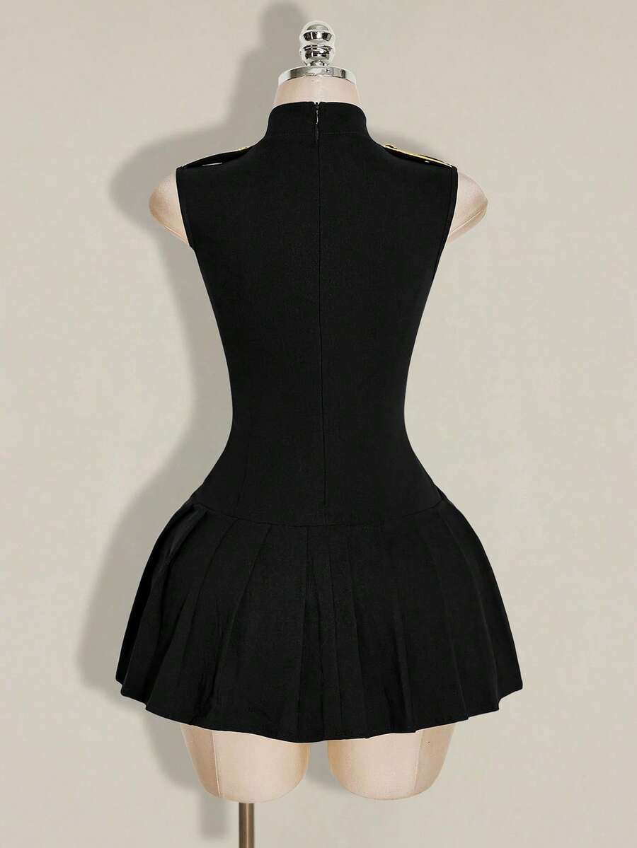 Black gold military inspired sleeveless mini dress with cheongsam collar braided trim and pleated skirt