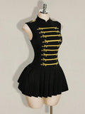 Angled view of black gold braided military style mini dress with fitted bodice