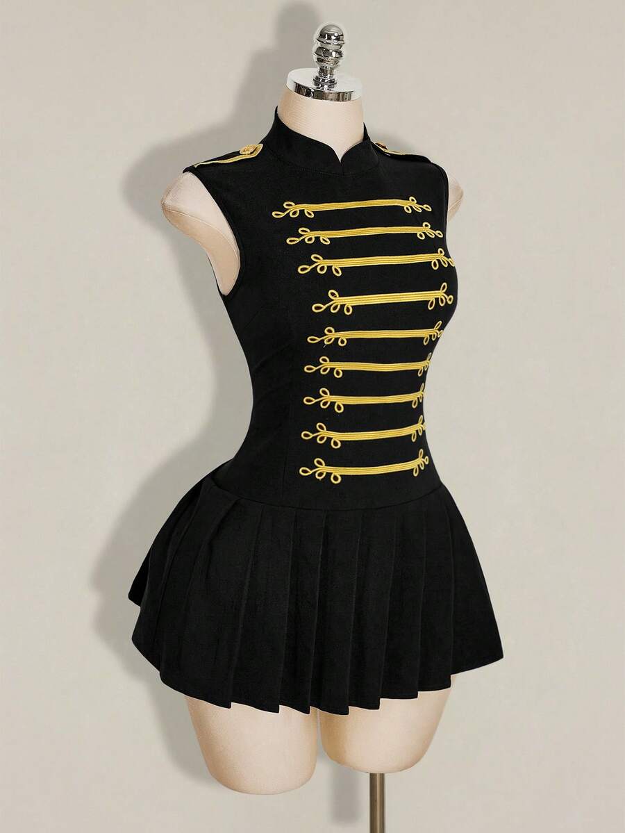 Angled view of black gold braided military style mini dress with fitted bodice
