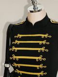 Close-up of black cheongsam collar dress with gold braided trim and shoulder epaulette