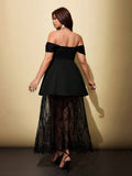 Black fit-and-flare off-shoulder party dress with two-tier lace hem
