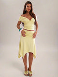 Brown off shoulder ruched crop top with matching midi skirt