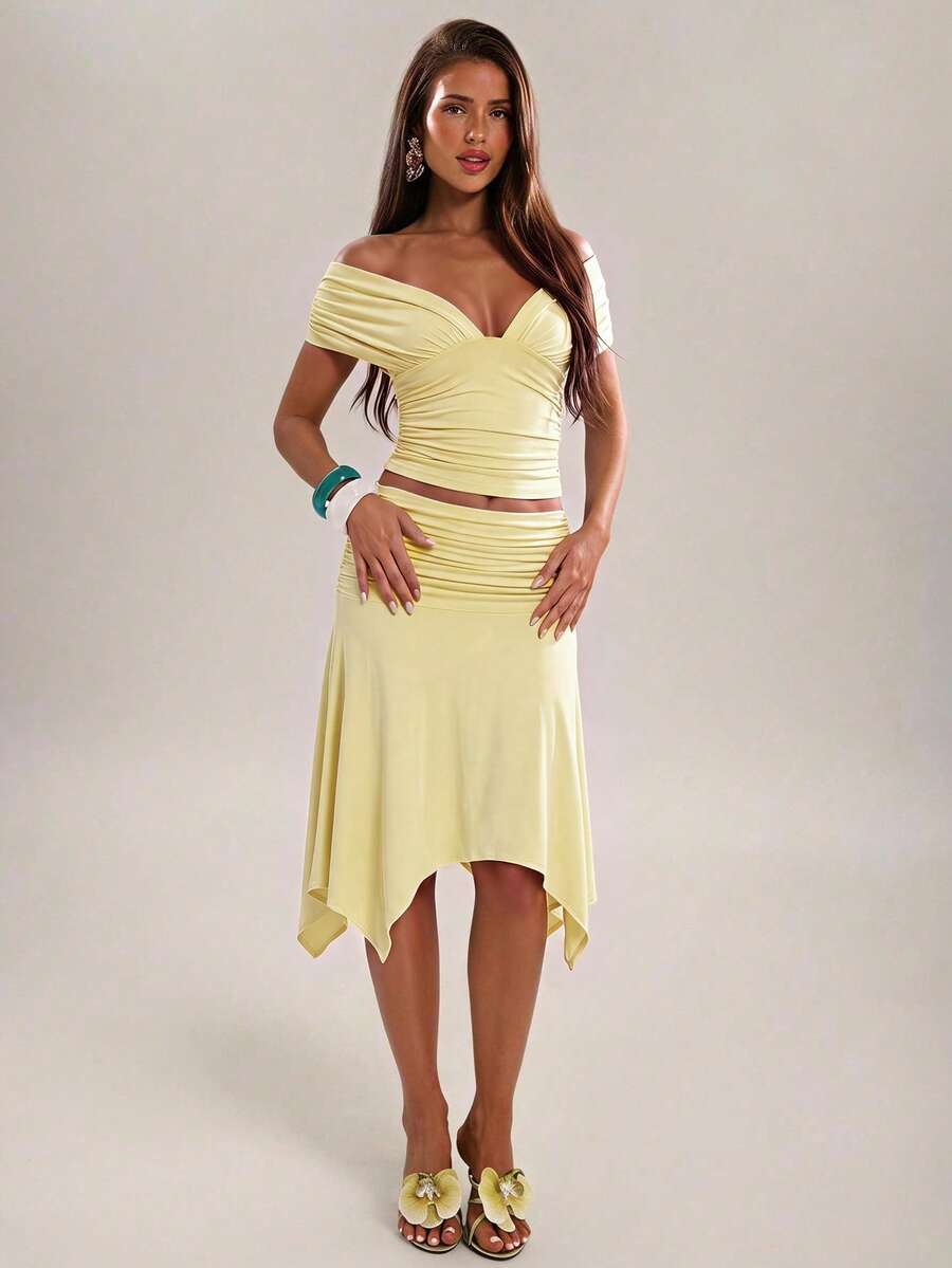 Brown off shoulder ruched crop top with matching midi skirt