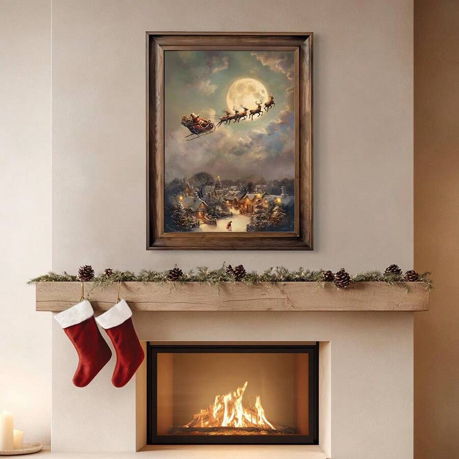 Framed holiday canvas print above a fireplace with garland and stockings.