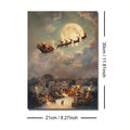 Unframed portrait canvas print showing Santa, reindeer and snowy village with 21 by 30 cm size guide.