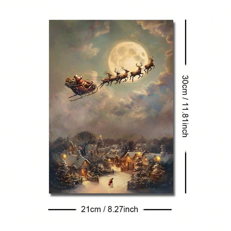 Unframed portrait canvas print showing Santa, reindeer and snowy village with 21 by 30 cm size guide.