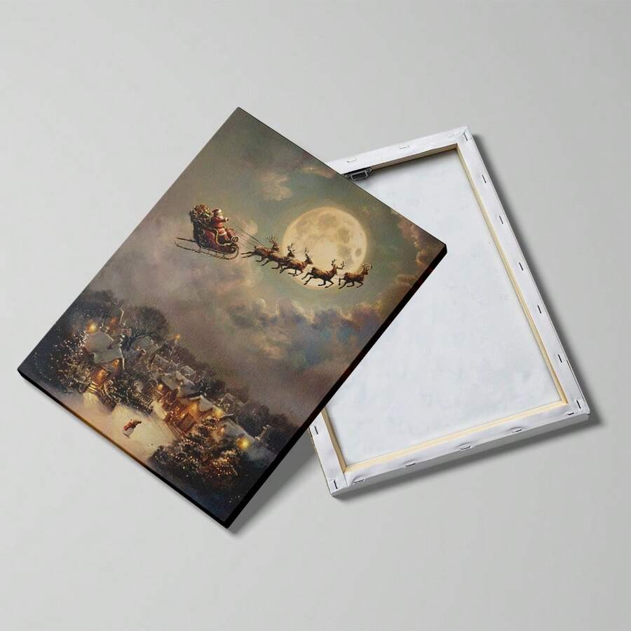 Reverse view of stretched Santa sleigh canvas beside its white support frame.