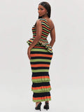 Back full view of striped one-shoulder rib-knit midi dress with open back and tiered ruffle hem