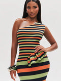 Close front view of striped one-shoulder rib-knit dress with fitted waist ruffle and side split