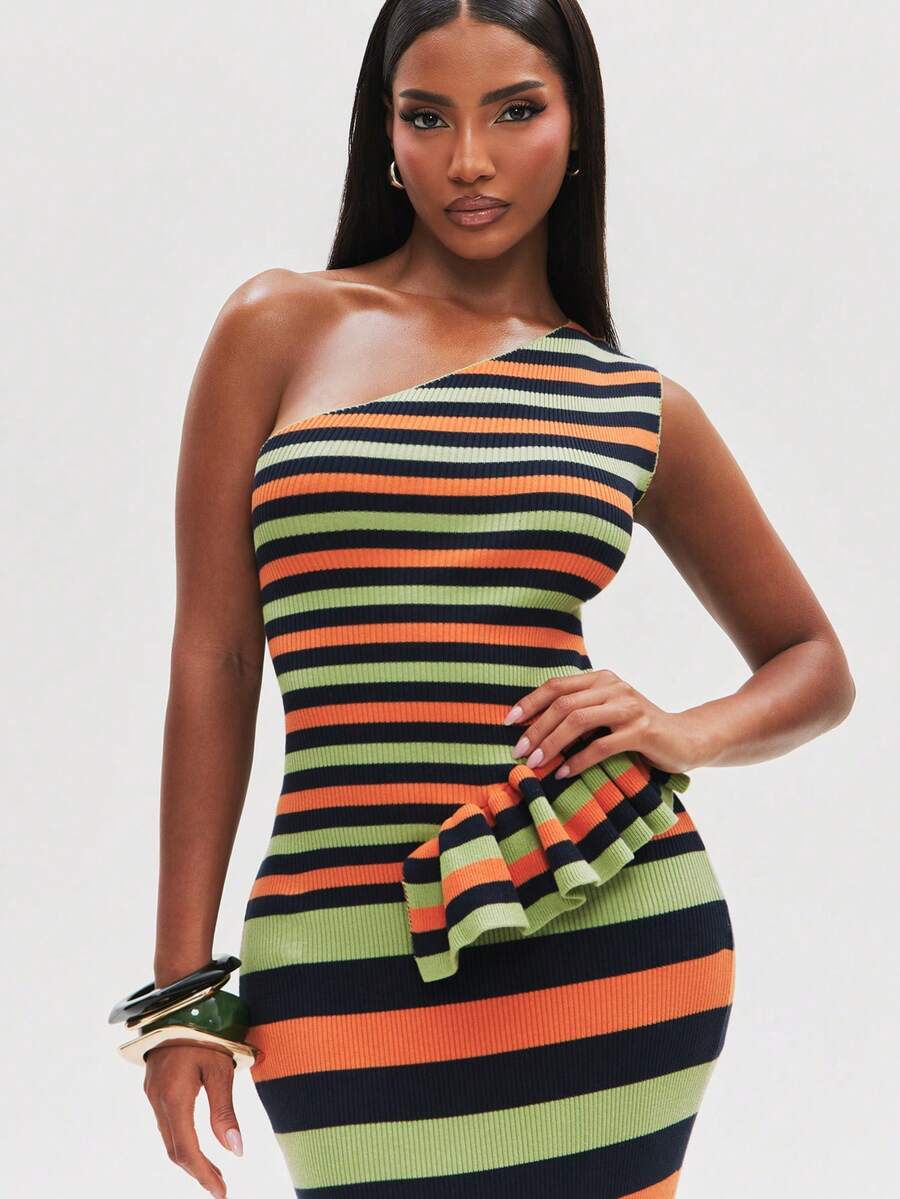 Close front view of striped one-shoulder rib-knit dress with fitted waist ruffle and side split