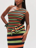 Front side close view of navy orange and lime striped rib-knit midi dress with tiered ruffle hem