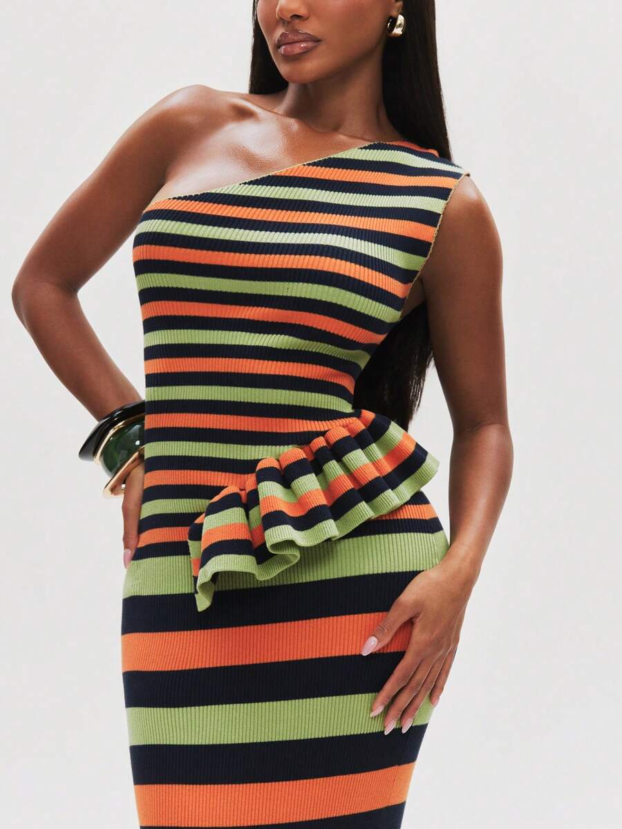Front side close view of navy orange and lime striped rib-knit midi dress with tiered ruffle hem