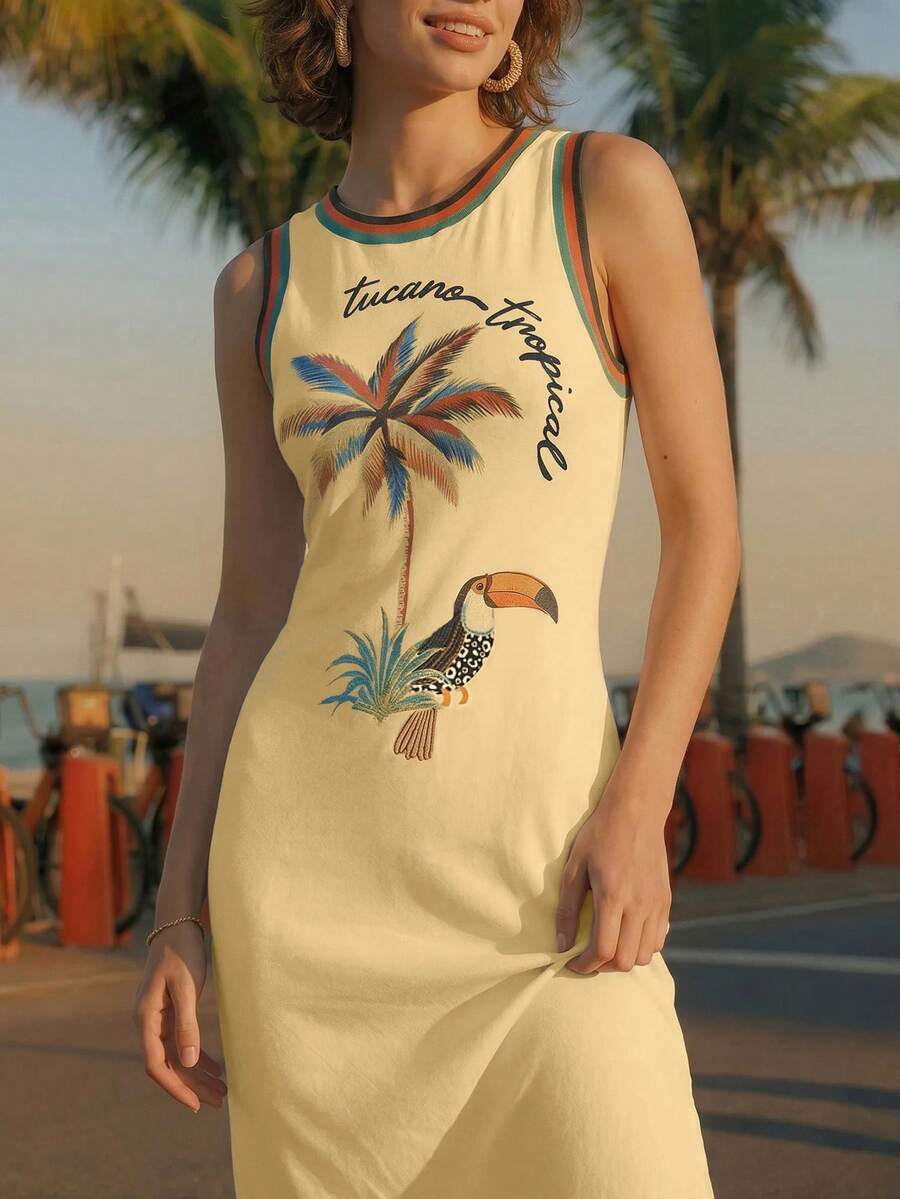 Front close-up of butter yellow tropical toucan maxi dress by waterfront