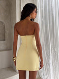 White strapless floral appliqué mini dress with pastel flower details
