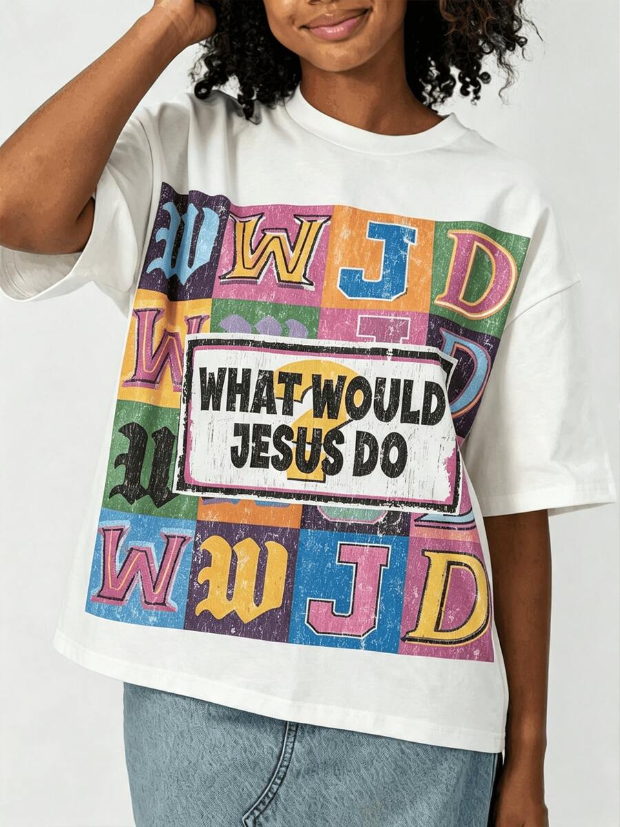 Women’s white What Would Jesus Do Christian graphic T-shirt front view
