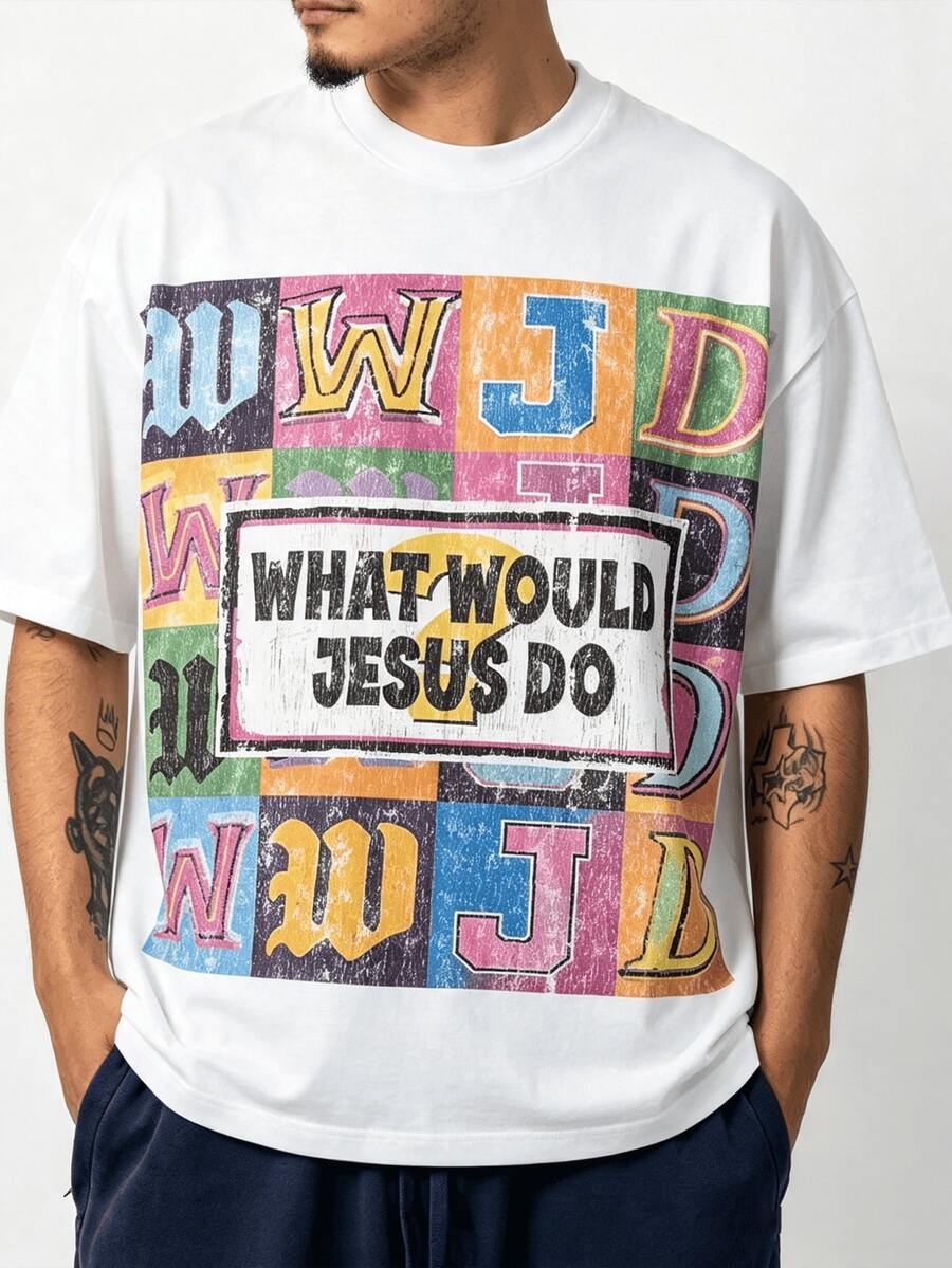 Men’s white What Would Jesus Do graphic T-shirt front view