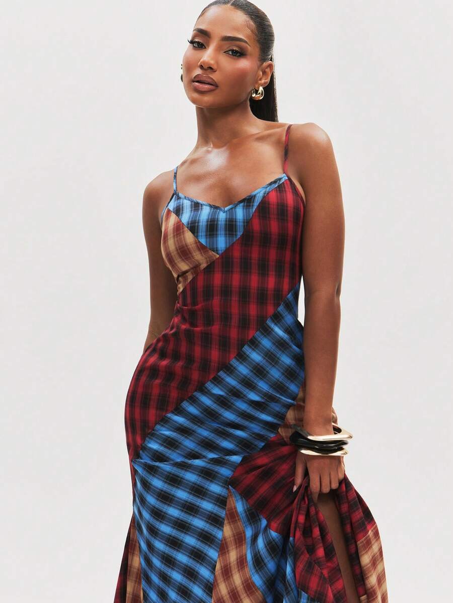 Close front view of patchwork plaid cowl neck slip dress with spaghetti straps and ruched thigh slit