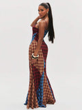 Side-back view of patchwork plaid spaghetti strap maxi dress with low back and flared floor-length hem