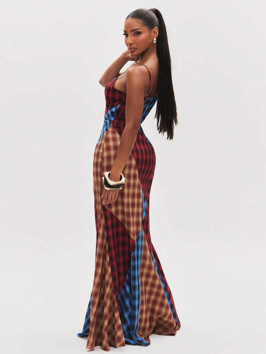 Side-back view of patchwork plaid spaghetti strap maxi dress with low back and flared floor-length hem