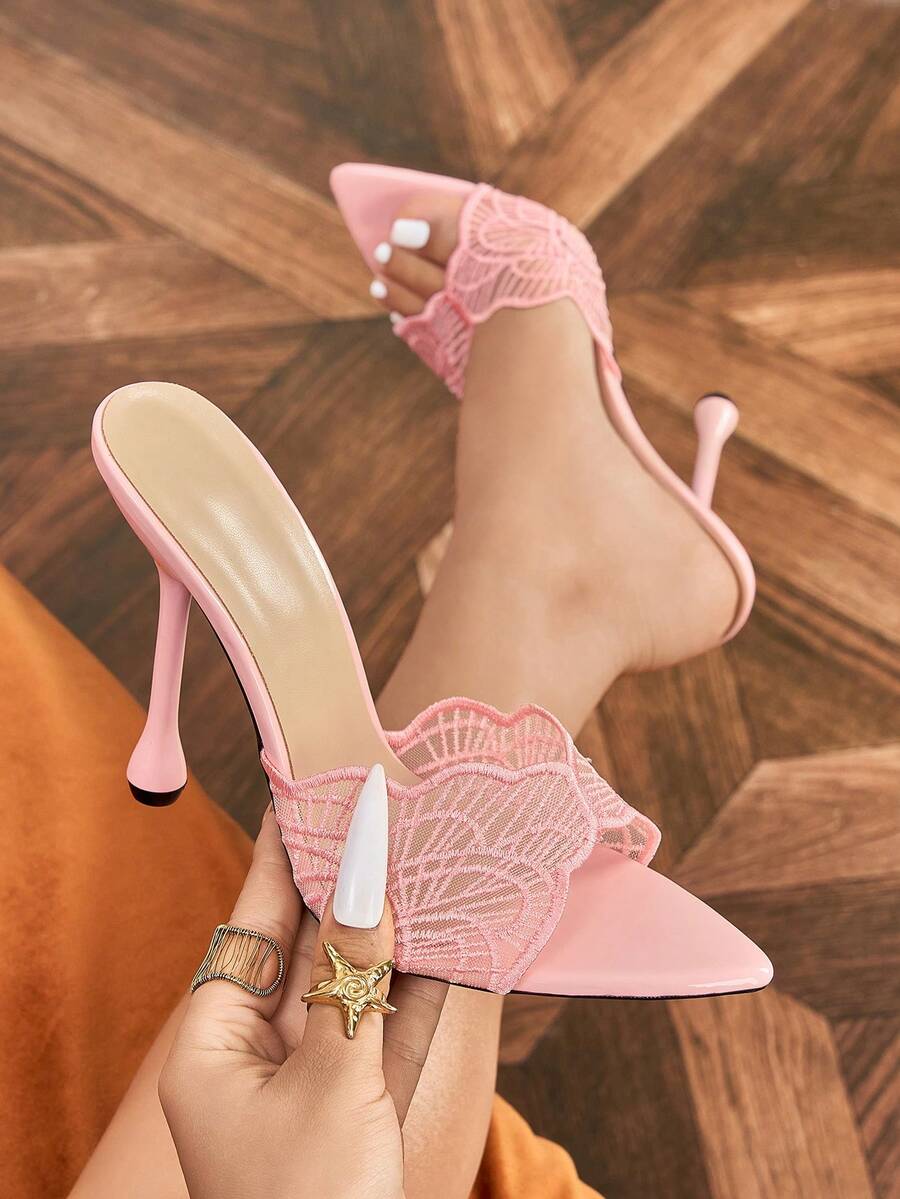 Pink leaf-lace pointed open-toe mule with flared stiletto heel