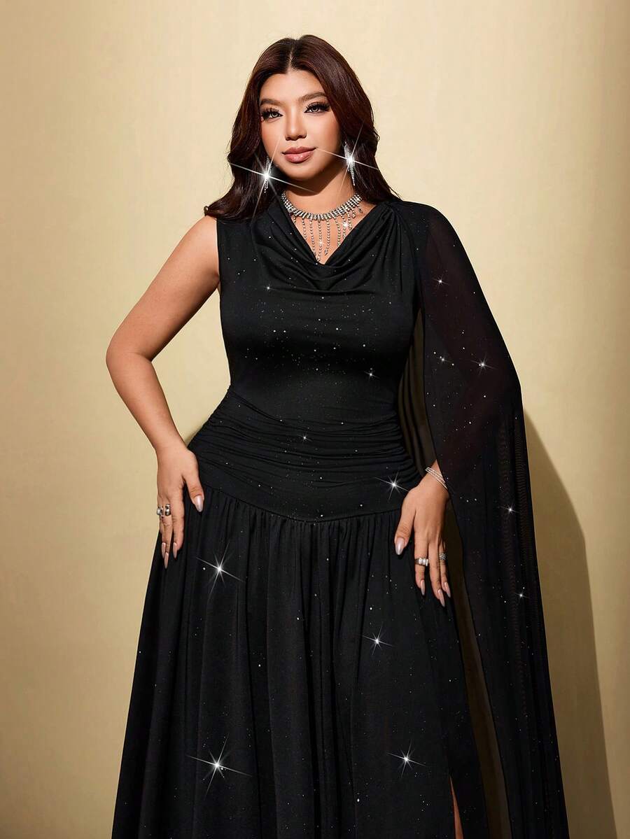 Close front view of black cowl neck plus size dress with ruched waist and thigh slit