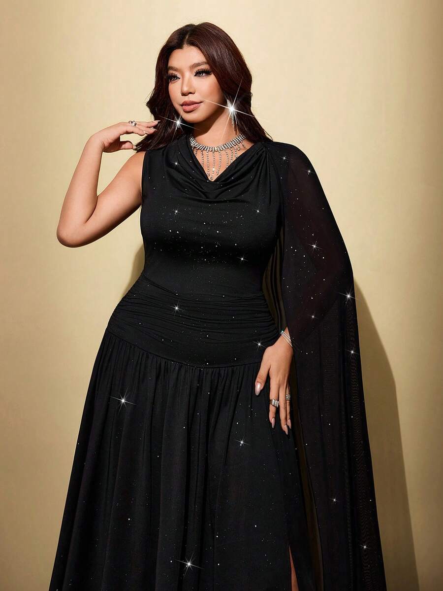 Three-quarter view of black glitter maxi dress with asymmetric shoulder drape and flared skirt