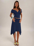 Baby blue off shoulder skirt set with ruched bodice and open back