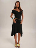 Navy blue ruched off shoulder crop top with matching flared midi skirt