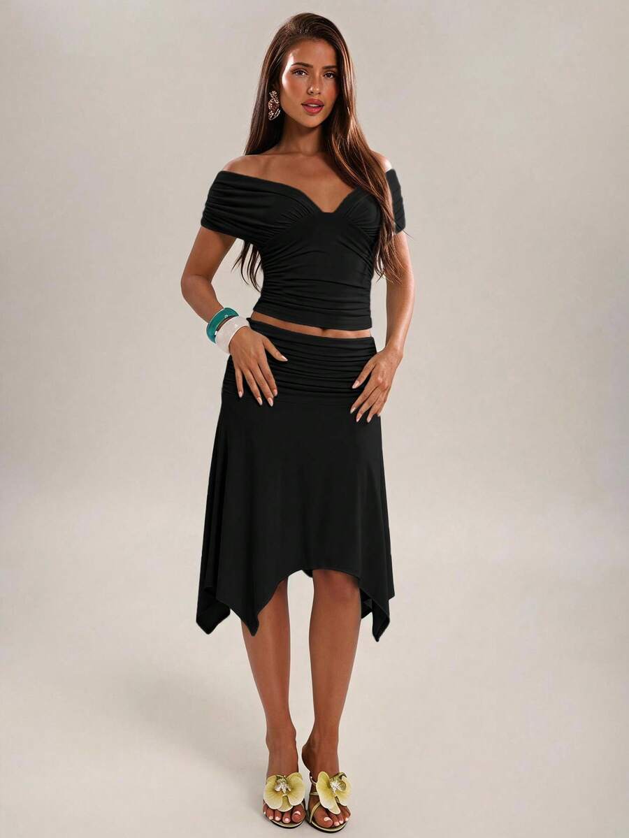 Navy blue ruched off shoulder crop top with matching flared midi skirt