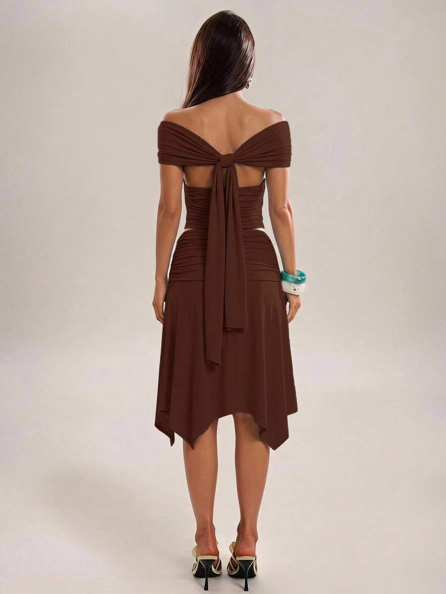 Apricot crop top and gathered skirt set with open back sash detail
