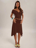 Apricot off shoulder ruched top and flared midi skirt coordinated set