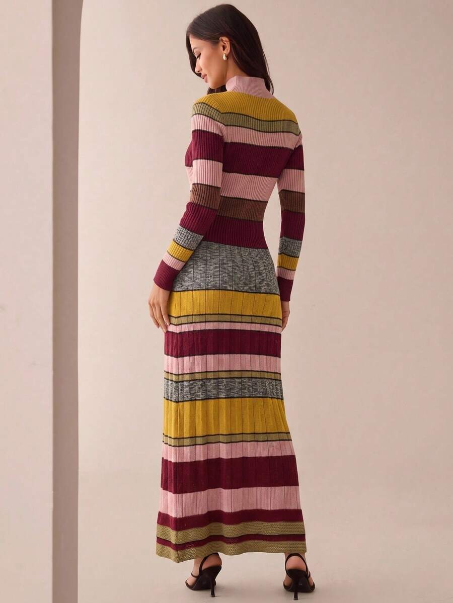 Back full view of colorblock striped knit maxi dress with long sleeves and banded hem