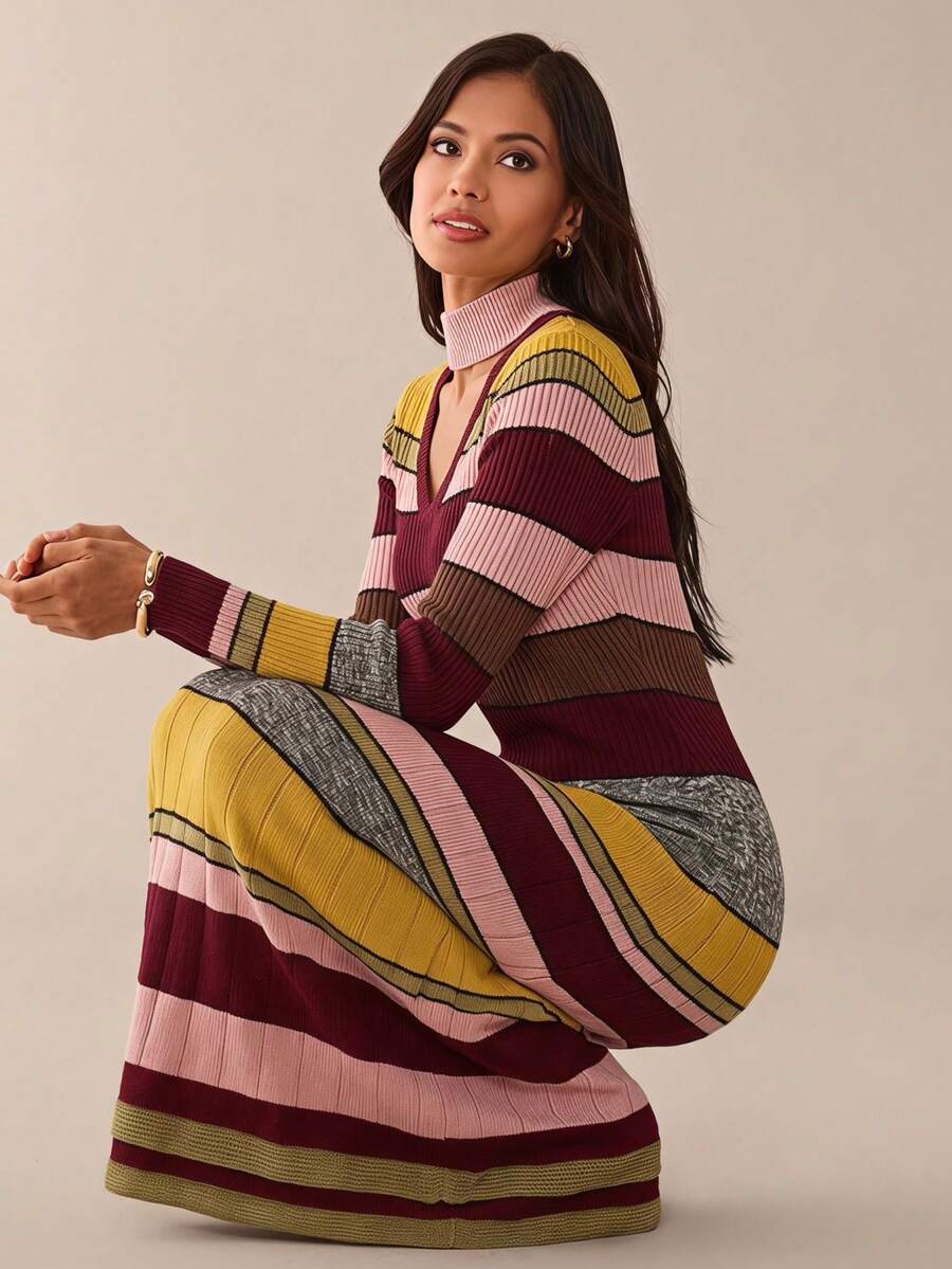 Side crouched view of striped keyhole knit maxi dress with fitted waist and flared skirt