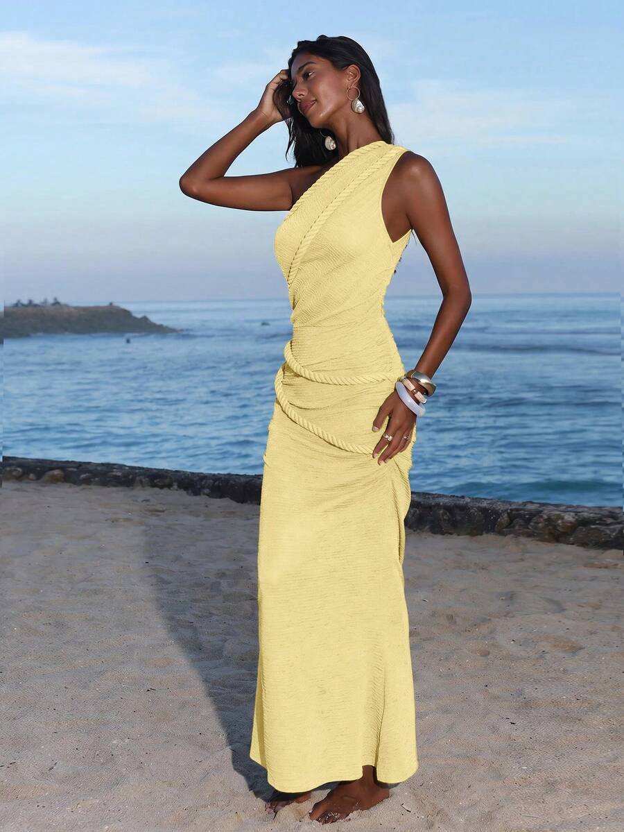 Full front view of light yellow one-shoulder ruched bodycon maxi dress for beach vacation styling