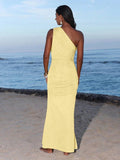 Back view of light yellow one-shoulder ruched bodycon maxi dress for beach vacation styling