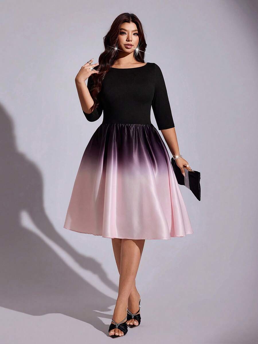Plus Size Black Pink Purple Gradient Satin A Line Dress for Women Party 