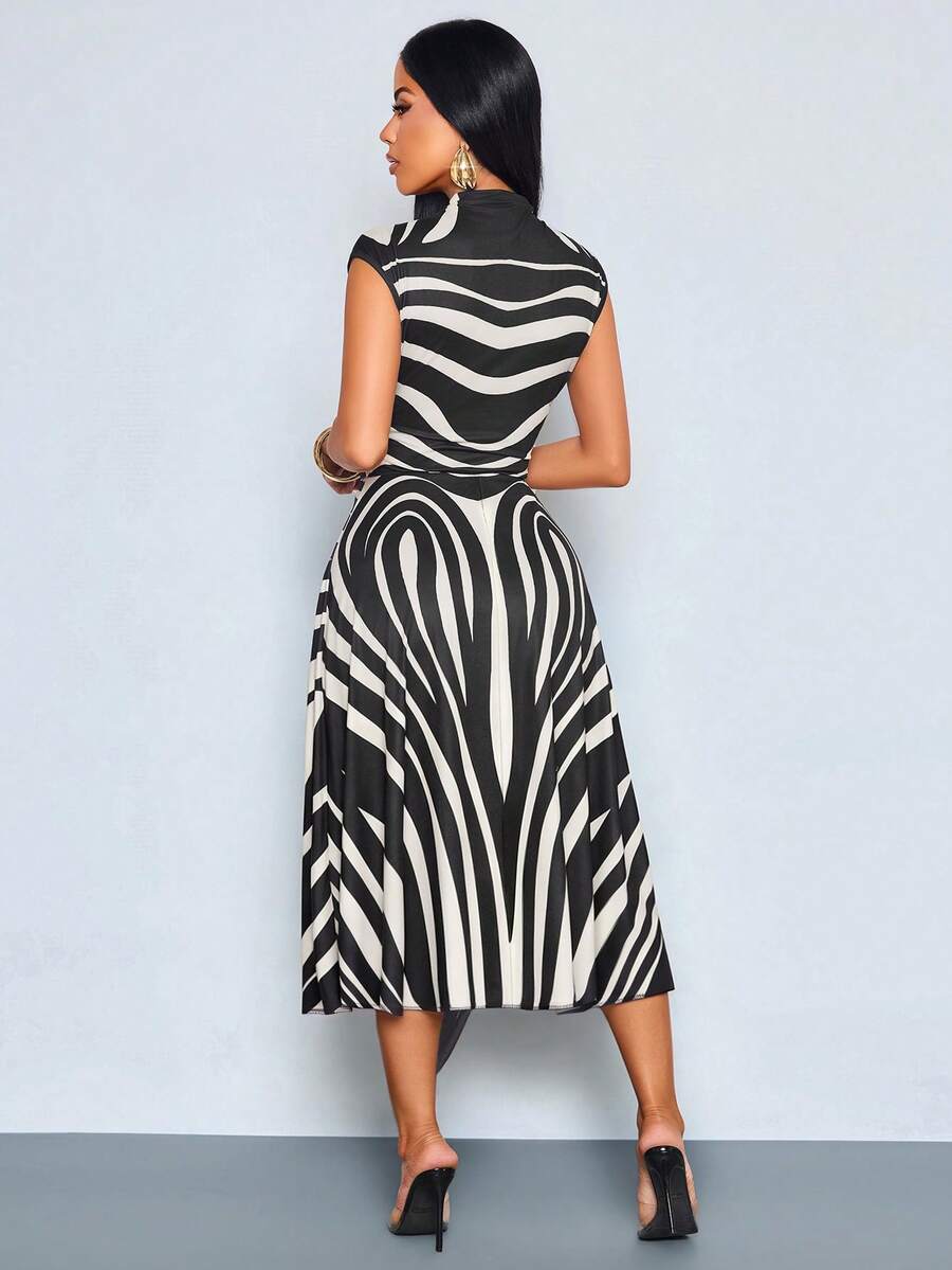 Back view of black and white zebra print belted midi dress with sleeveless A-line silhouette and back zipper