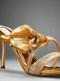 Elegant floral ankle strap stiletto heels for women. Glamorous sandals perfect for weddings, parties, date nights, dinners, and special occasions.
