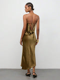 Elegant Olive Satin Long Dress with Tie Straps for Women - Perfect for Parties and Cocktails