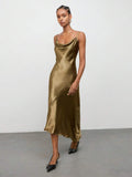 Elegant Olive Satin Long Dress with Tie Straps for Women - Perfect for Parties and Cocktails