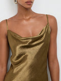 Elegant Olive Satin Long Dress with Tie Straps for Women - Perfect for Parties and Cocktails