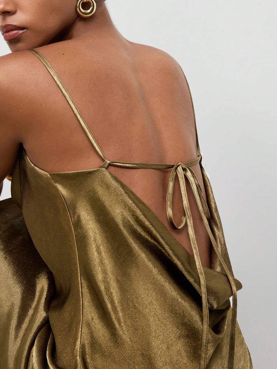 Elegant Olive Satin Long Dress with Tie Straps for Women - Perfect for Parties and Cocktails