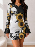 Front view of black red rose skull bell sleeve bodycon mini dress