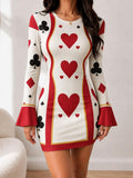 Front view of black neon multicolor skeleton graphic bell sleeve mini dress
