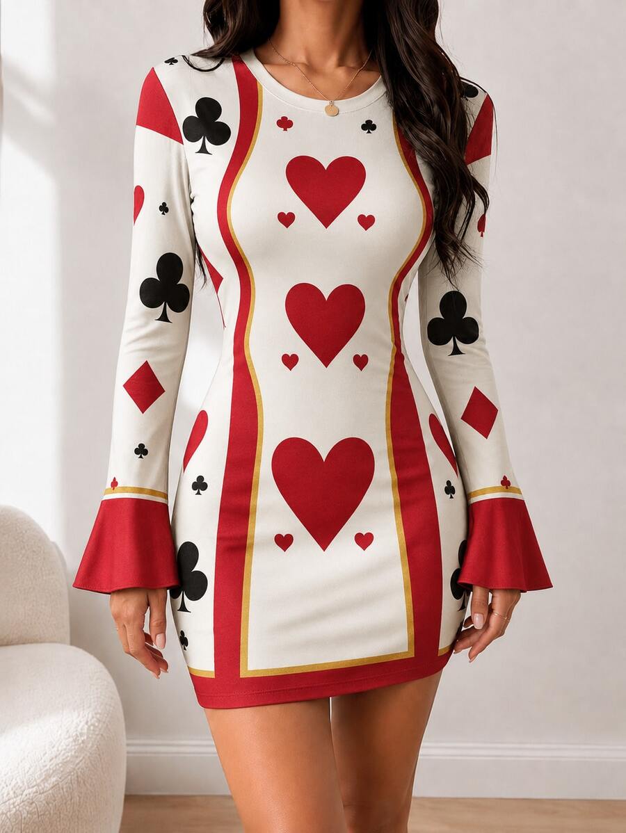 Front view of black neon multicolor skeleton graphic bell sleeve mini dress